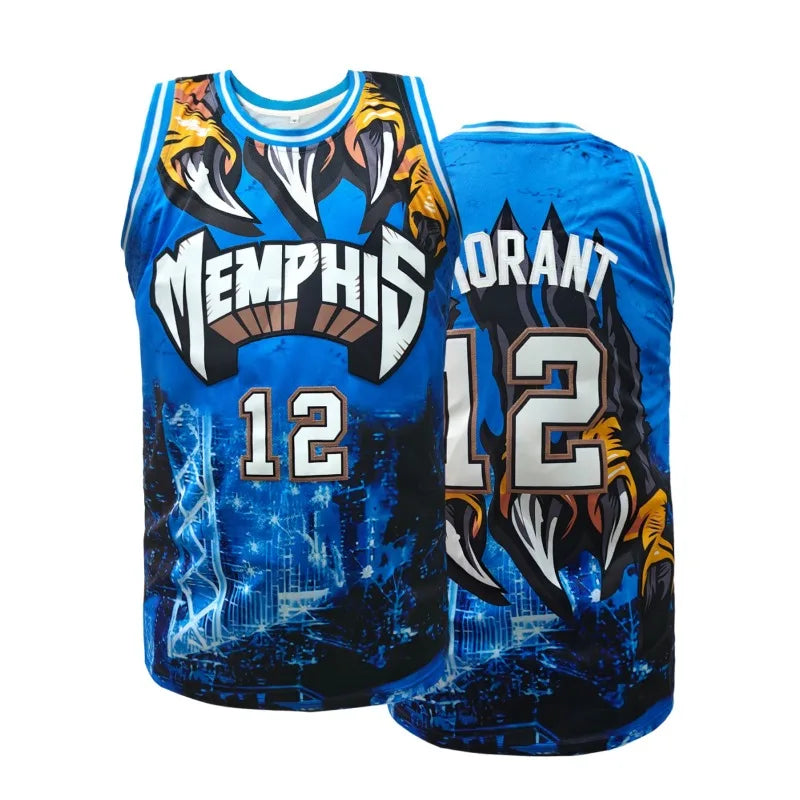 Men's Blue #12 Loose Fit Basketball Jersey with Embroidered Design