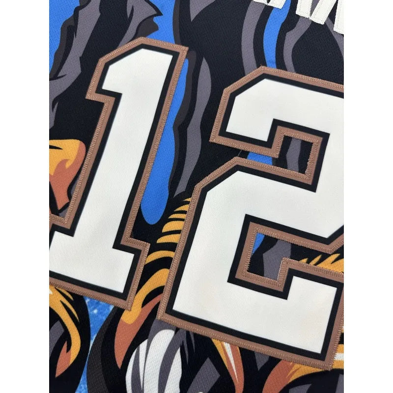 Men's Blue #12 Loose Fit Basketball Jersey with Embroidered Design