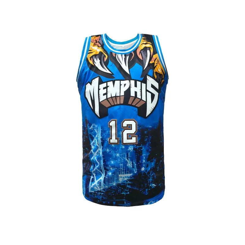 Men's Blue #12 Loose Fit Basketball Jersey with Embroidered Design